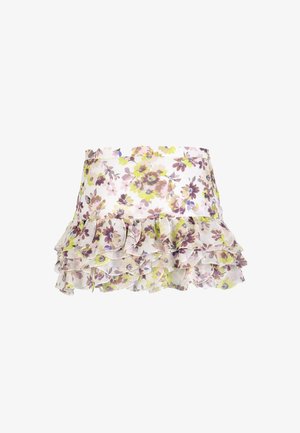 Floral mini skirt with layered ruffles in shades of purple, green, and brown on a white background.