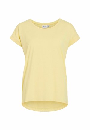 Korte mouwen gele t-shirt van zachte katoen, met een ronde halslijn en een gebogen zoom. Soepele textuur, relaxte pasvorm en opgerolde mouwen.