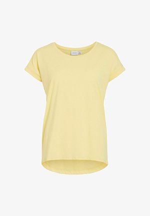 T-shirt gialla a maniche corte in cotone morbido, con scollatura rotonda e orlo curvo. Tessuto liscio, vestibilità rilassata e maniche arrotolate.