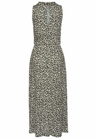Sukienka bez rękawów z czarno-beżowym wzorem w plamki, wcięciem w talii oraz detalem w kształcie dziurki na plecach. Wykonana z lekkiego materiału.