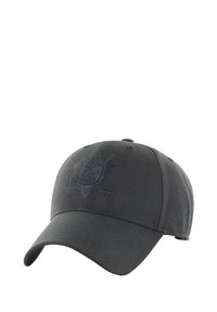 Casquette de baseball noire avec un logo brodé sombre discret représentant des crosses de hockey croisées et un palet sur le devant.