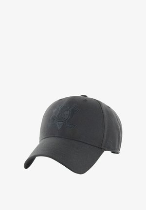 Black baseball cap with a subtle dark embroidered logo featuring crossed hockey sticks and a puck on the front.