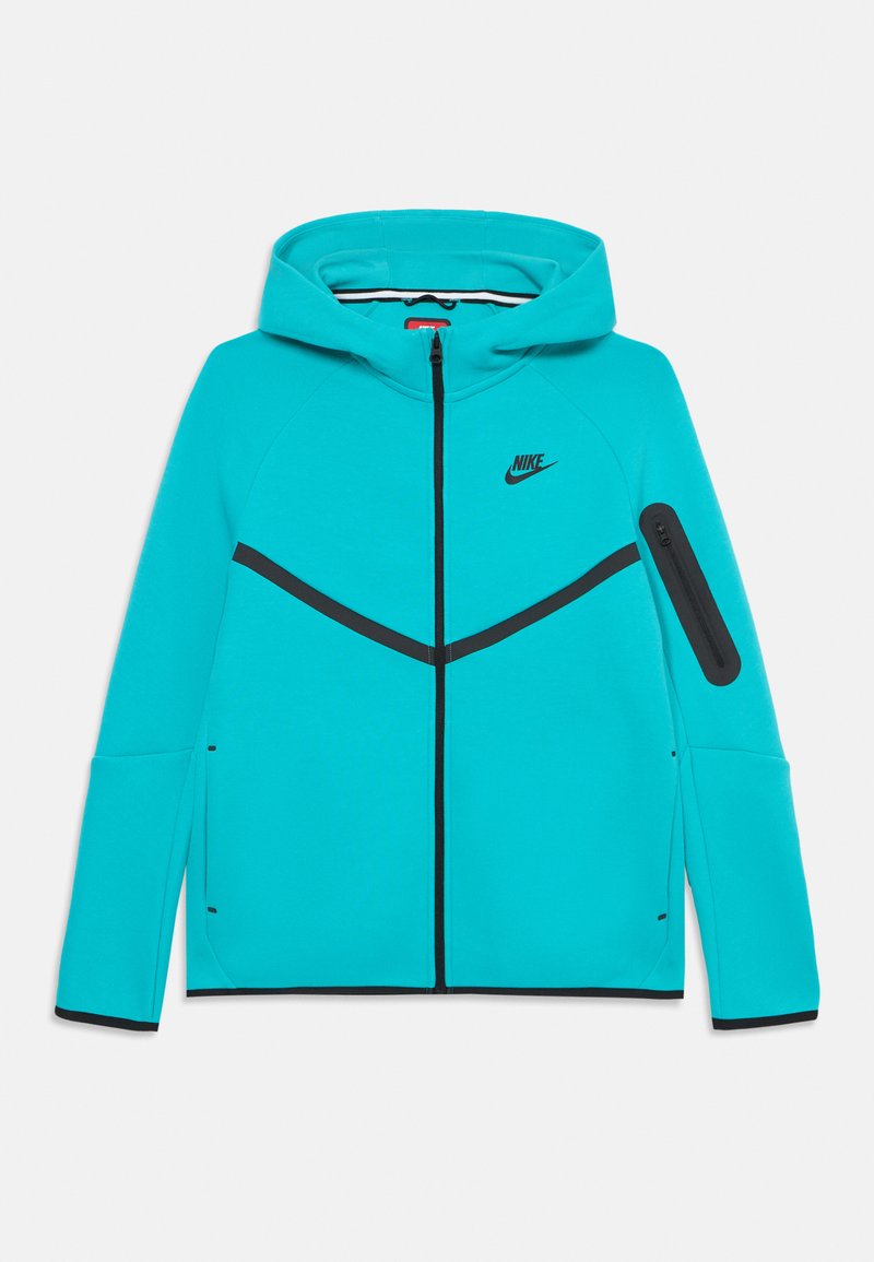 Tyrkysová mikina Nike s čiernymi detailmi, so zipsom vpredu a kapucňou. Obsahuje diagonálny čierny pruh a zipsovú kapse na ramene.