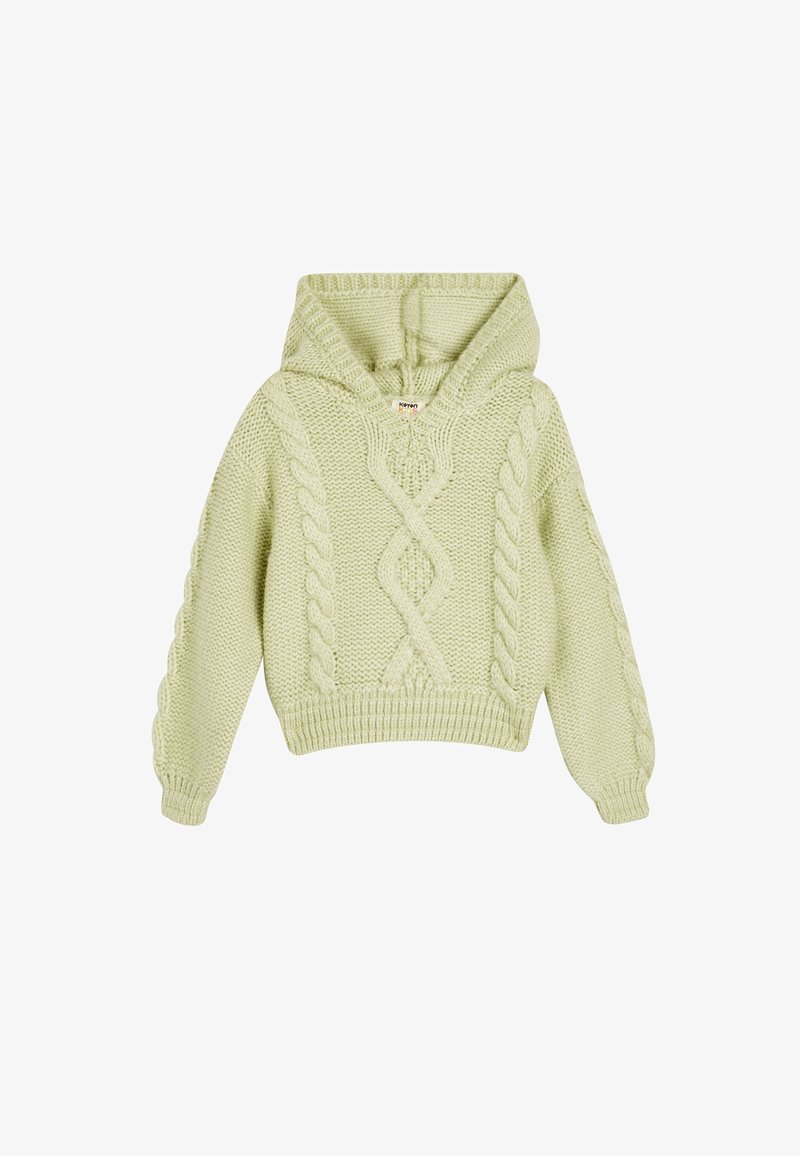 Hellgrüner Strickhoodie mit Zopfmuster, V-Ausschnitt und gerippten Bündchen. Weiche Textur und cropped Schnitt mit einer strukturierten Kapuze.
