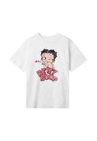 Camiseta de algodón blanca con un gráfico de Betty Boop rodeada de corazones, colores brillantes, mangas cortas y cuello redondo. Incluye el texto "BETTY BOOP".