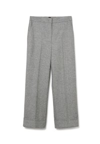 Pantalones de pierna ancha grises, hechos de una tela texturizada, con cinturilla, bolsillos y dobladillos enrollados para una apariencia estructurada.