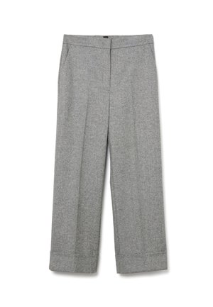 Gray, wide-leg trousers made of a textured fabric, featuring a waistband, pockets, and rolled hems for a structured appearance.
