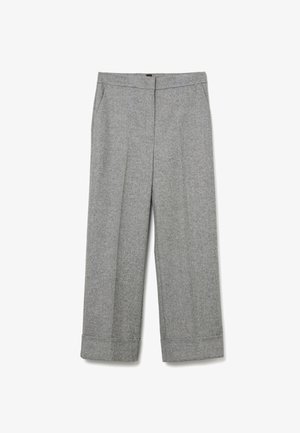 Graue, weite Hosen aus einem strukturierten Stoff, mit einem Bund, Taschen und umgeschlagenen Säumen für ein definiertes Aussehen.