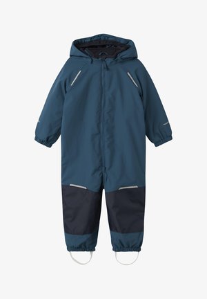 Mėlynas ir tamsiai mėlynas gobtuvėlis su vandeniui atspariu kūdikių snowsuit, turintis priekį užtrauktuką, elastingas rankogalius ir kojų diržus žiemos apsaugai lauke.