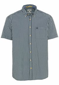 Camicia a maniche corte con bottoni in fantasia a scacchi navy e bianco. Presenta un colletto, una tasca e bottoni color sabbia.