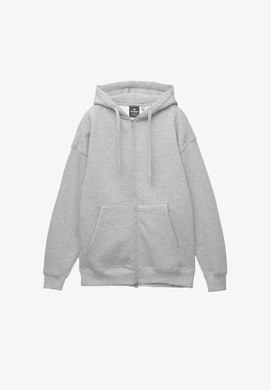 Light gray zip-up hoodie with front pockets, adjustable drawstring hood, and ribbed cuffs and hem, laid flat on white background.