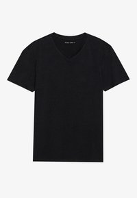 Tricou negru cu maneci scurte, de tip V, fabricat din bumbac moale. Prezintă un design simplu și clasic, cu un finisaj curat și fără modele vizibile.