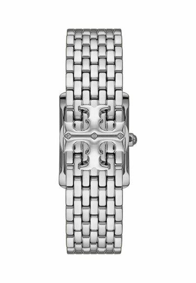 Silberne Metalluhr mit Gliederarmband und einem rechteckigen Zifferblatt mit polierter Logo-förmiger Schließe im Mittelpunkt.
