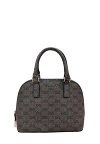 Borsa grigia testurizzata con forma arrotondata, doppi manici e chiusura con zip. Presenta un logo e un motivo delicato sulla superficie.