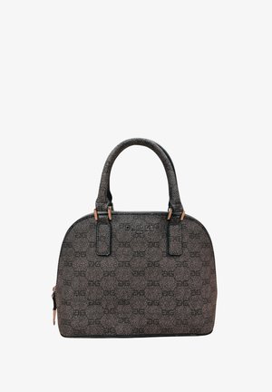 Borsa grigia testurizzata con forma arrotondata, doppi manici e chiusura con zip. Presenta un logo e un motivo delicato sulla superficie.