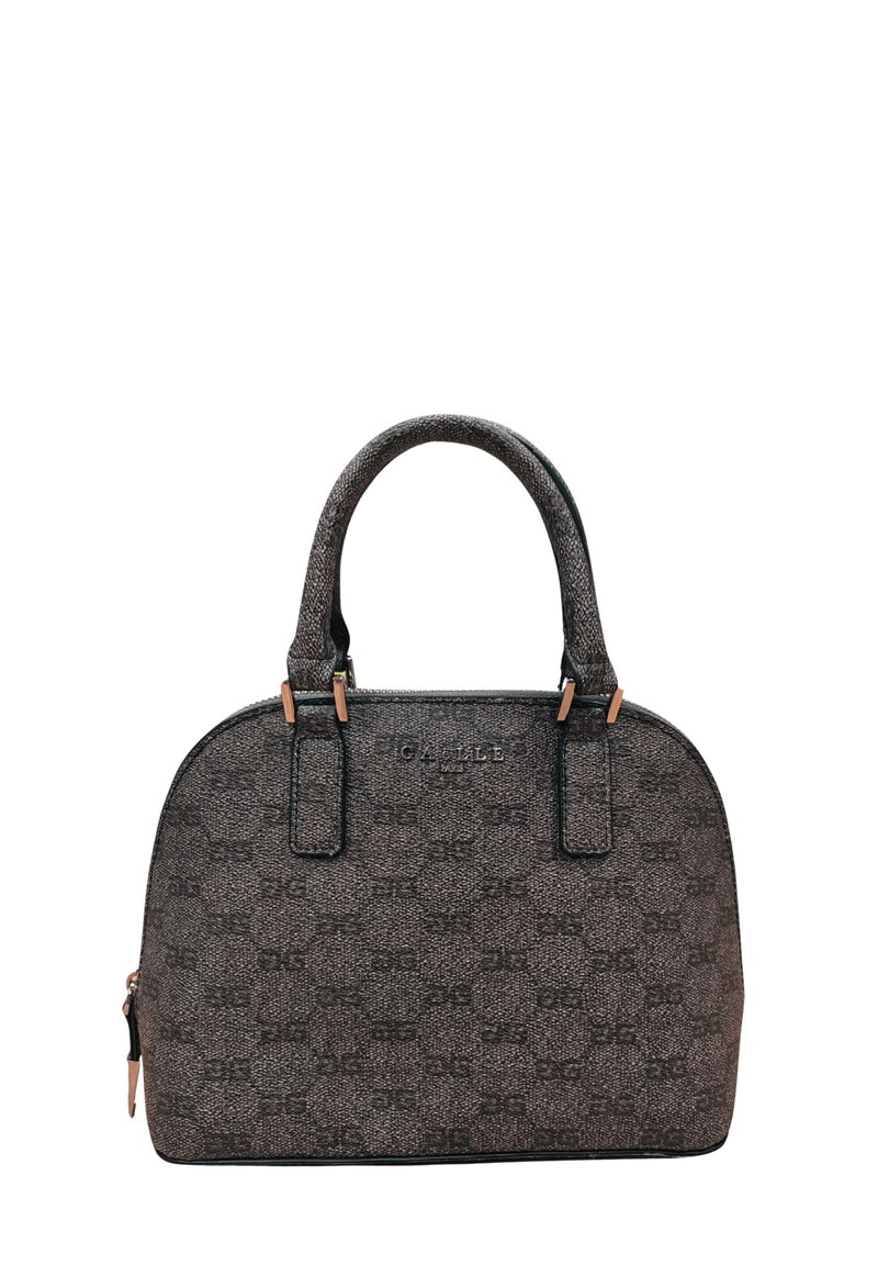 Borsa grigia testurizzata con forma arrotondata, doppi manici e chiusura con zip. Presenta un logo e un motivo delicato sulla superficie.