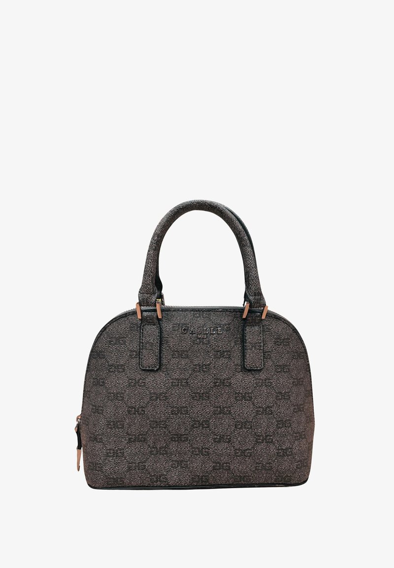 Borsa grigia testurizzata con forma arrotondata, doppi manici e chiusura con zip. Presenta un logo e un motivo delicato sulla superficie.