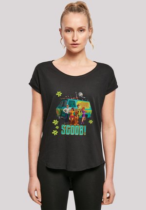 Black t-shirt with short sleeves featuring a graphic of cartoon characters and "SCOOB!" text, illustrated in vibrant colors with flower accents.