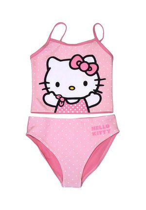 Pink two-piece swimsuit with white polka dots, featuring a Hello Kitty face on the top and "Hello Kitty" text on the bottom.