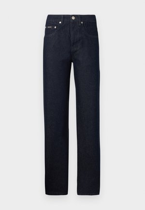 Tmavě modré odstíny denimových džínů s rovným střihem, stylem pěti kapes a kovovým zapínáním. Vyrobeno z odolné bavlněné tkaniny.