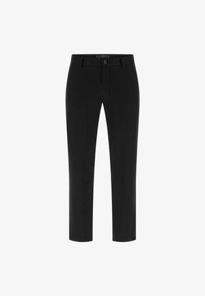 Schwarze Hose aus glattem Stoff, mit flachem Vorderteil, einem Knopfverschluss und geradem Bein. Keine sichtbaren Muster oder Akzente.