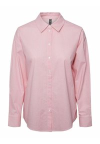 Light pink striped button-up shirt with a collar, long sleeves, and white buttons. Features a relaxed fit and soft, smooth fabric texture.
