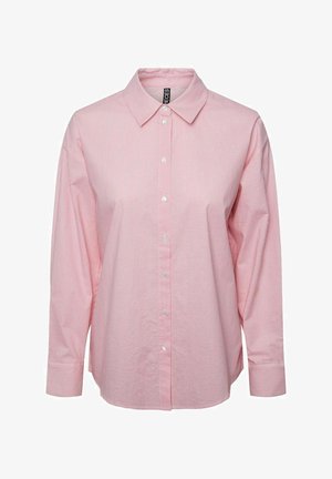 Light pink striped button-up shirt with a collar, long sleeves, and white buttons. Features a relaxed fit and soft, smooth fabric texture.