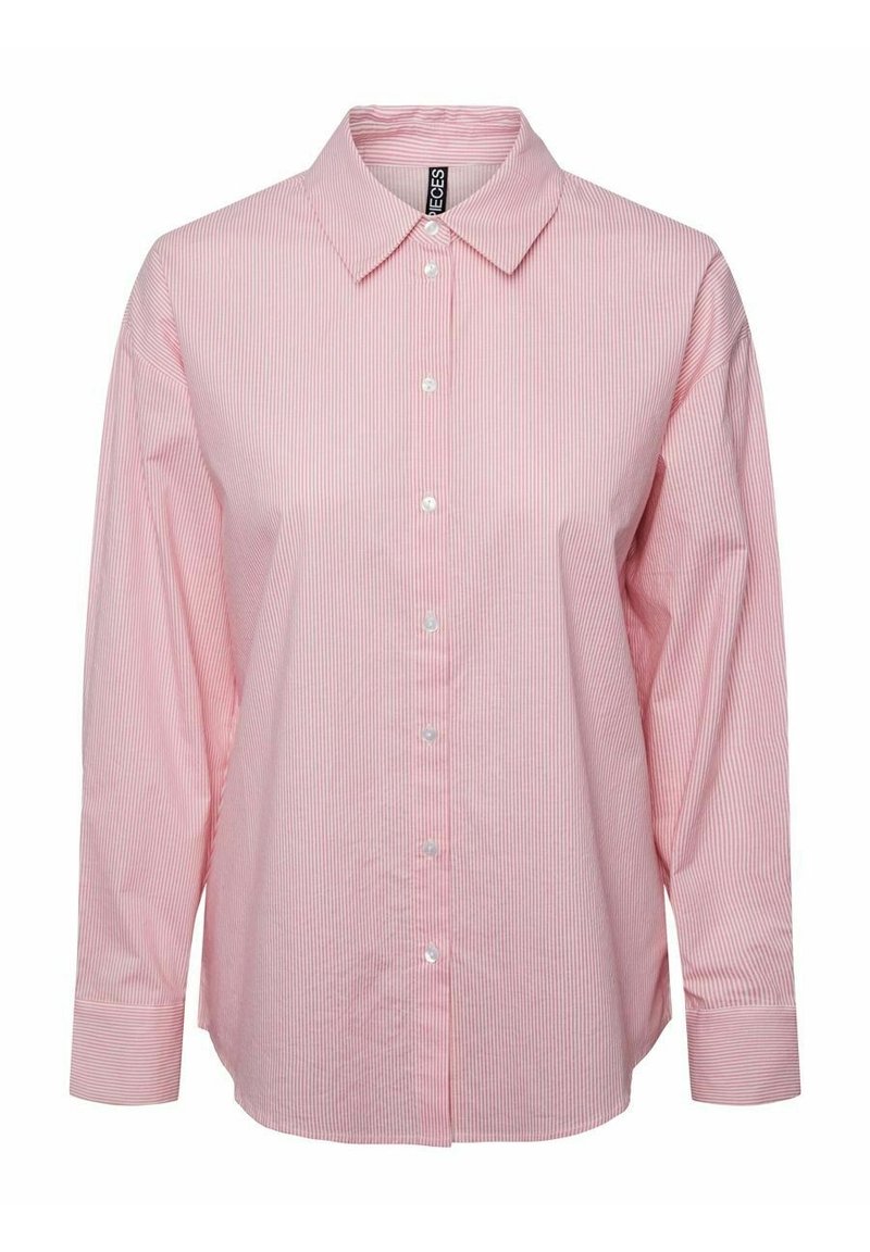 Light pink striped button-up shirt with a collar, long sleeves, and white buttons. Features a relaxed fit and soft, smooth fabric texture.