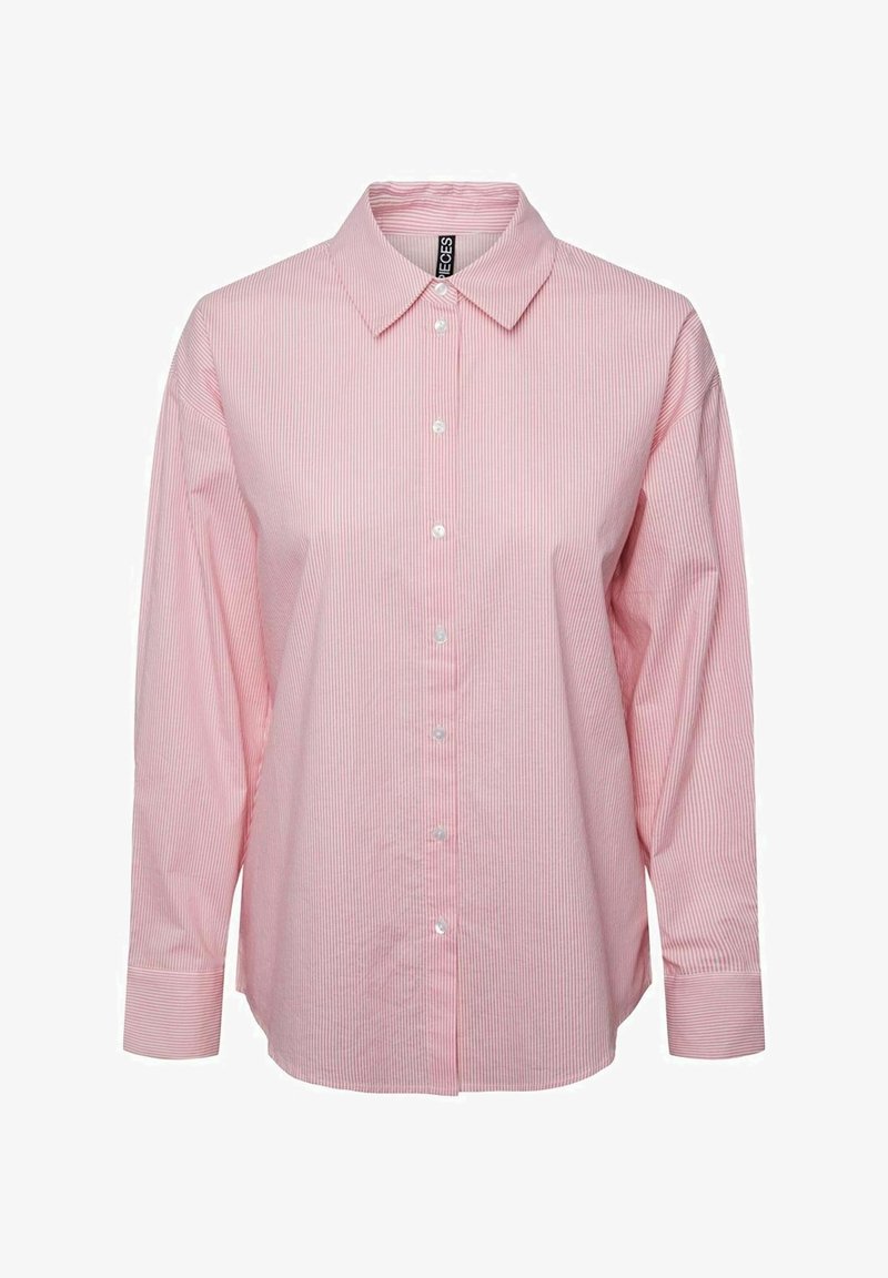 Light pink striped button-up shirt with a collar, long sleeves, and white buttons. Features a relaxed fit and soft, smooth fabric texture.
