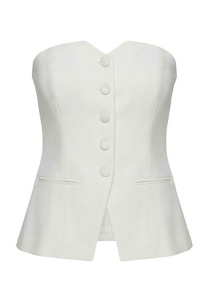 Bílý blejzr bez ramínek s pěti látkou potaženými knoflíky vpředu a dvěma vodorovnými štěrbinovými kapsami, střih na tělo s mírným rozšířením v pase.