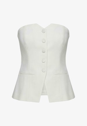 Bílý blejzr bez ramínek s pěti látkou potaženými knoflíky vpředu a dvěma vodorovnými štěrbinovými kapsami, střih na tělo s mírným rozšířením v pase.