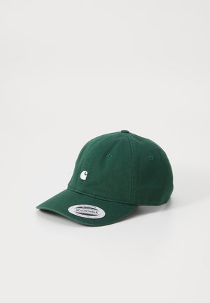 Gorra de béisbol de algodón verde, con correa ajustable, visera curva, presenta un pequeño logo blanco en el frente, tejido liso y texturizado.