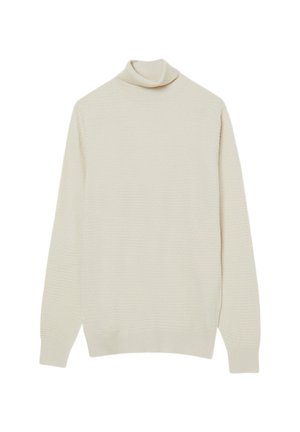 Cremefarbener langärmeliger Rollkragenpullover mit einem dezenten strukturierten Strickmuster sowie gerippten Bündchen und Saum.