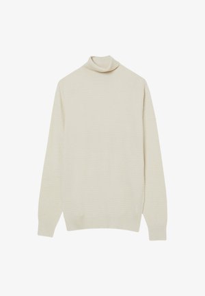 Cremefarbener langärmeliger Rollkragenpullover mit einem dezenten strukturierten Strickmuster sowie gerippten Bündchen und Saum.