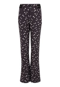 Uitlopende broek van donkerpaarse stof met een bloemmotief van kleine witte en rode bloemen. Inclusief een tailleband met zwarte accenten en knoopsluiting.