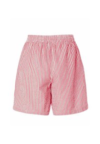 Rood en wit gestreepte shorts met een elastische tailleband, voorzien van plooien en een ontspannen pasvorm. Gemaakt van een lichte, gestructureerde katoenstof.