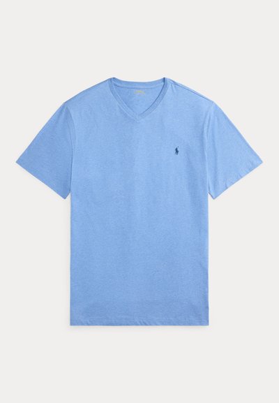 Világoskék V-nyakú rövid ujjú póló kis sötétkék hímzett Polo logóval a bal mellrészen.