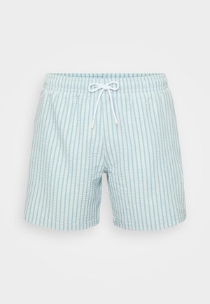 Light blue swim shorts with a vertical stripe pattern, elastic waistband, and white drawstring. Made from lightweight fabric.