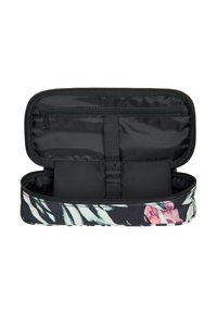 Custodia con zip che presenta uno sfondo nero con motivi floreali e foglie. L'interno ha una tasca con zip e straps elastici per l'organizzazione.