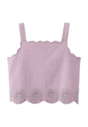 Crop top lavande avec bords festonnés et broderie florale découpée le long de l'ourlet, avec de larges bretelles.