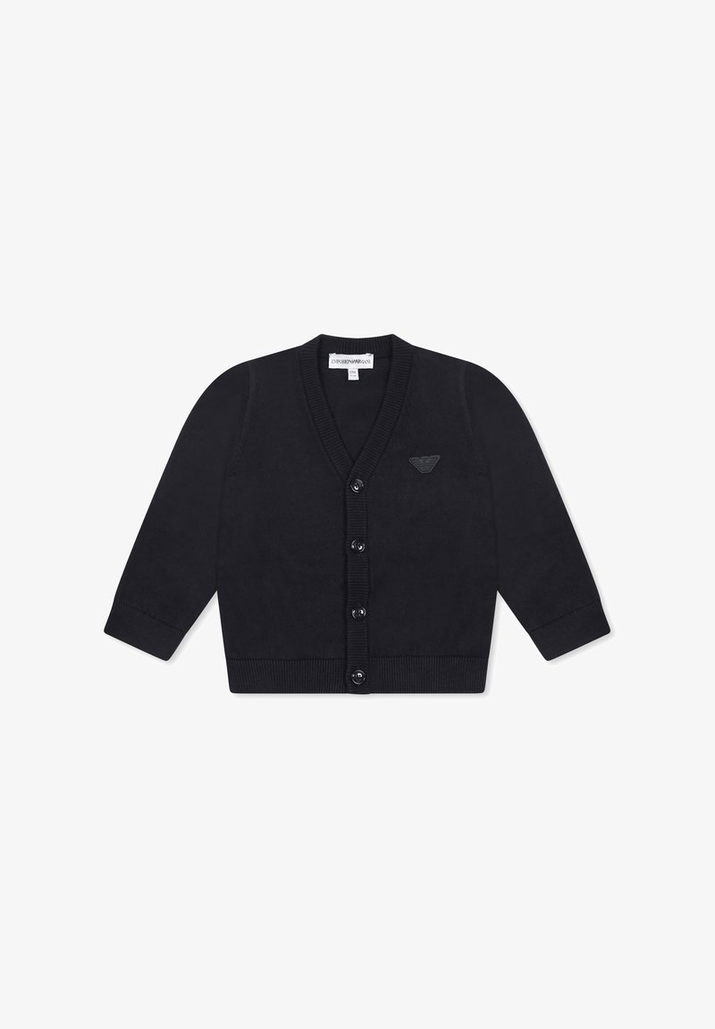 Navy gebreide cardigan met een V-hals, zes knopen, lange mouwen, geribde manchetten en een geborduurd logo op de linkerborst.