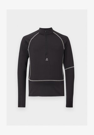 Haut noir à manches longues avec un col haut et une demi-fermeture éclair. Présente des coutures argentées contrastantes et une coupe ajustée. Fabriqué en tissu lisse et léger.