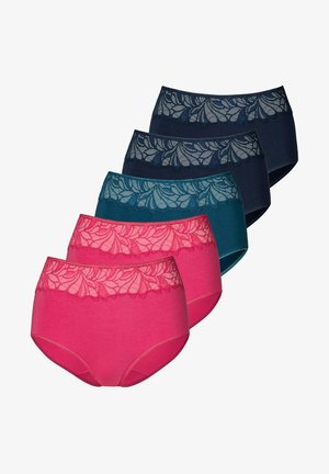 Cinque paia di mutandine hipster da donna in vari colori: rosa, teal, teal scuro e due blu scuro, con dettagli in pizzo in vita.