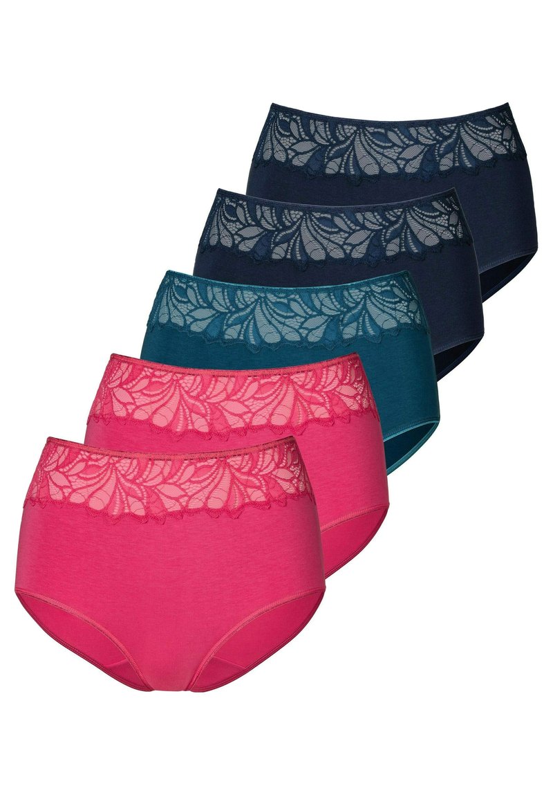 Cinque paia di mutandine hipster da donna in vari colori: rosa, teal, teal scuro e due blu scuro, con dettagli in pizzo in vita.
