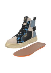 High-top sneaker with blue, black, and beige mixed materials; features textured paneling and a rubber sole; removable insole included.