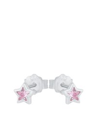 Ohrringe aus Sterlingsilber in Sternform, verziert mit rosa Zirkonia-Steinen, mit polierter Oberfläche und sicheren Klappverschlüssen.