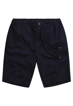 Marineblaue Shorts mit einem elastischen Bund, Kordelzug und einem einzigen Knopfverschluss. Der Stoff wirkt leicht und hat Seitentaschen.