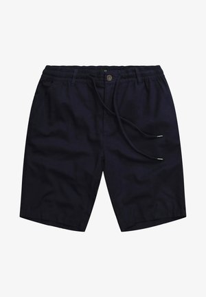 Mørkeblå shorts med elastisk talje, snor og en enkelt knaplukning. Stoffet ser let ud og har sidelommer.