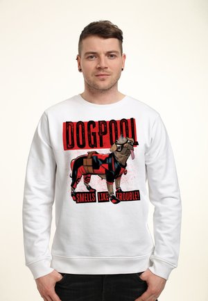 Mand iført hvid sweatshirt med tegneserie-pug i superheltekostume og teksten "DOGPOOL lugter af ballade" foran.