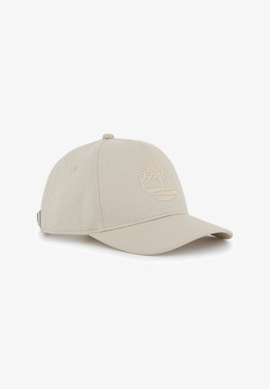 Casquette de baseball beige en tissu texturé, avec un logo en relief représentant un arbre à l'avant. Visière courbée et sangle ajustable à l'arrière.
